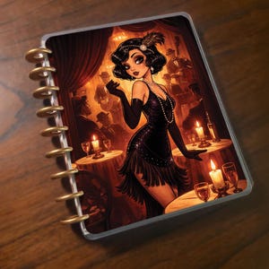 May include: A spiral-bound planner featuring a vintage illustration of a woman in a black dress in a jazz club. The artwork has a flapper theme, with a band playing in the background, and candles on tables.