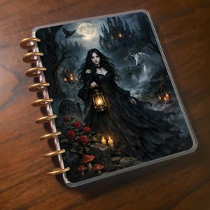 Peut inclure: Un agenda avec une illustration fantastique d'une femme en robe noire tenant une lanterne. L'arrière-plan comprend un château, une licorne et une pleine lune. Des roses rouges et des bougies sont au premier plan. L'agenda a une reliure spirale dorée.