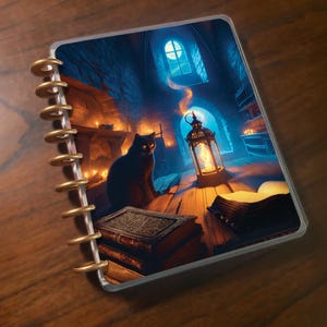 May include: A planner featuring a digital illustration of a mystical scene. A black cat with glowing eyes sits near a stack of books, a lit lantern, and an open book. The background shows a window and candles.