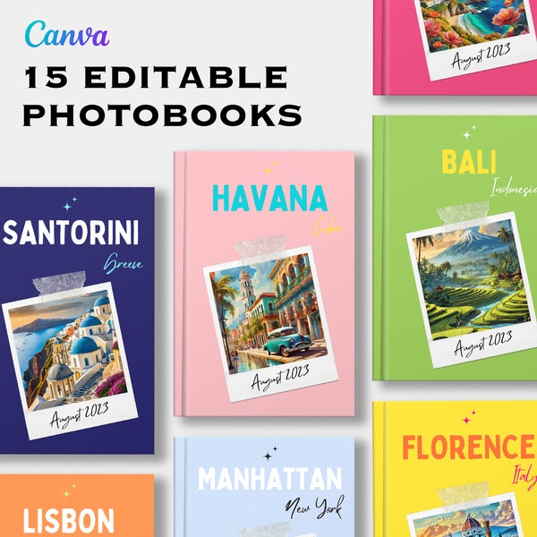 15 Reisefotobuch-Vorlage, anpassbares Kaffeetisch-Anzeigenbuch, von Memory Assouline inspiriertes Buch, Canva-Vorlage für digitales Fotoalbum
