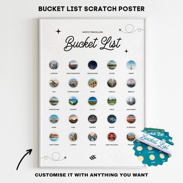 Poster à gratter liste seaux, art mural aventure personnalisé, accro aux voyages, liste des seaux d'été, globe-trotters, cadeau de voyage, carte à gratter