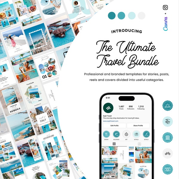 Modèle Instagram de voyage, Modèles de réseaux sociaux, Modèles de voyage modifiables, Agent de voyage, Influenceur du voyage, Blogueur de voyage, Modèles de voyage Canva