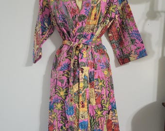 Cotton Kimono, Kimono with Belt, Cotton Robe with Belt, Vintage Kantha Fabric, Handmade