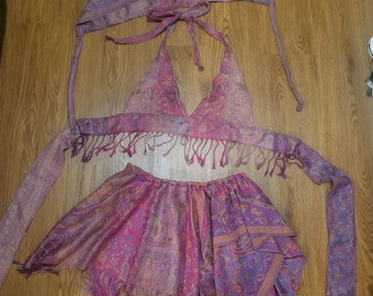 Gradient Pashmina Halter Top, Fairy Skirt, Hood, Summer Festival Outfit, matching set, fairy fae, scarf crop top, rave, handmade
