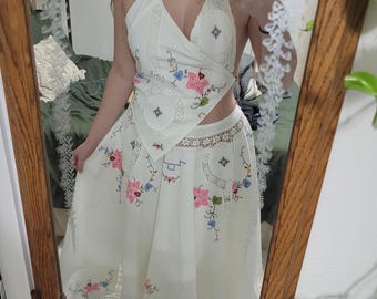 READY TO SHIP, Vintage Fairy Skirt and Patchwork Asymmetric Halter Top, Summer Festival Outfit, fairy fae, handmade, one of a kind, vintage