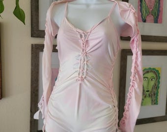 Pastel Pink Tie Dye Slitweave Festival Bodysuit Romper and Shrug, medium, lollapalooza, elements festival