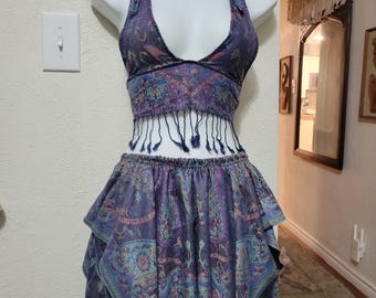 Paisley Pashmina Fairy Skirt, Hood, Halter Top, Cheeky, Summer Festival Outfit, matching set, fairy fae, handmade