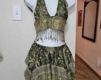 Pashmina Halter Top, Fairy Skirt, Hood, Summer Festival Outfit, matching set, fairy fae, scarf halter crop top, rave, handmade