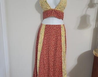 READY TO SHIP, Floral Patchwork Halter Top and Maxi Skirt, Festival Outfit, matching set, fairy fae, handmade, red and yellow