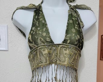Ready to Ship, Green Pashmina Halter Top, fairy fae, scarf halter crop top, rave, handmade, lollapalooza, elements festival