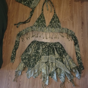 Handmade Green Pashmina Fairy Skirt, Hood, and Halter Top, Summer Festival Outfit, matching set, fairy fae, scarf halter crop top, rave