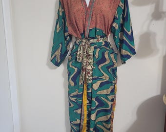 Duster Kimono, Kimono with Belt, Silk Robe with Belt, Vintage Silk Saree Fabric, Handmade
