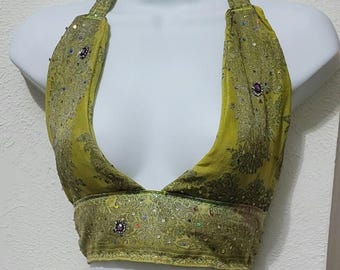 Saree Halter Top, Summer Festival Outfit, Fall Festival Outfit, matching set, fairy fae, scarf crop top, rave, handmade, sari