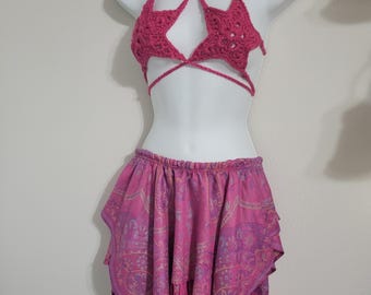 Ready to Ship, Pink Crochet Star Top and Fairy Skirt, Summer Festival Outfit, fairy fae, handmade