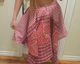 READY TO SHIP, Red Patchwork Flannel and Bandad skirt, midi skirt, fairy, handkerchief hem, country, cottagecore, asymmetric