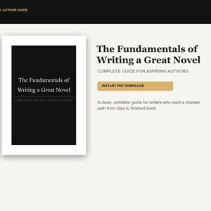 Puede incluir: Una guía digital para autores titulada The Fundamentals of Writing a Great Novel, Complete Guide for Aspiring Authors. El documento presenta una portada negra con texto blanco, un botón dorado Instant PDF Download y texto descriptivo.