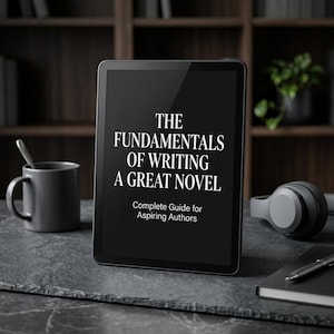 May include: A digital tablet displaying the text THE FUNDAMENTALS OF WRITING A GREAT NOVEL Complete Guide for Aspiring Authors in white font on a black screen, positioned next to a gray mug, headphones, and a notebook on a dark stone surface.