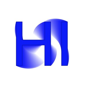 May include: A blue graphic design of the letters "HI" with a swirl effect.