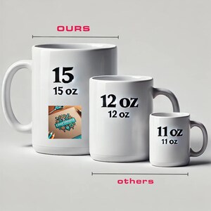 May include: Three white ceramic mugs with black text and numbers indicating their size. The largest mug is 15 oz, the middle mug is 12 oz, and the smallest mug is 11 oz. The largest mug has a small logo on the front that says "Craftprintik".