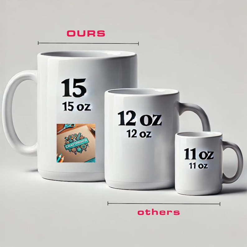 May include: Three white ceramic mugs with black text and numbers indicating their size. The largest mug is 15 oz, the middle mug is 12 oz, and the smallest mug is 11 oz. The largest mug has a small logo on the front that says "Craftprintik".