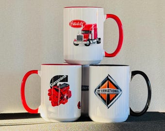 Exclusive Truck Brands 15 Oz Mug – Peterbilt, Freightliner, Kenworth, International, Cartepillar, Detroit, Cummins, Mack