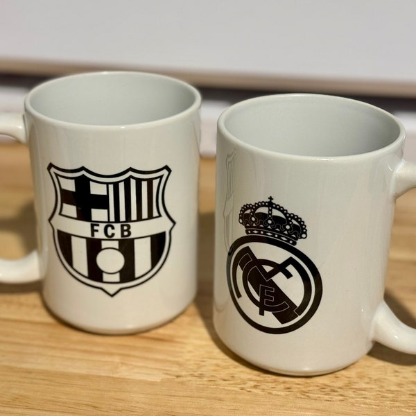 Exclusive Black Logo 15 Oz Ceramic Soccer Mug for Real Madrid and FC Barcelona | Microwave and Dishwasher Safe | Soccer Rivalry