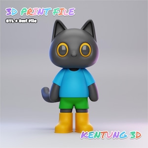 May include: A 3D-printed cartoon cat figure with a black body, yellow eyes, and wearing a blue shirt, green shorts, and yellow boots. The image includes the text "3D PRINT FILE" and "KENTUNG 3D".