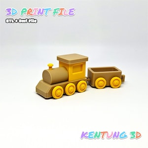 May include: A 3D-printed toy train with a locomotive and a cargo car. The train is primarily brown with yellow wheels and accents. The image includes the text "3D PRINT FILE" and "KENTUNG 3D".