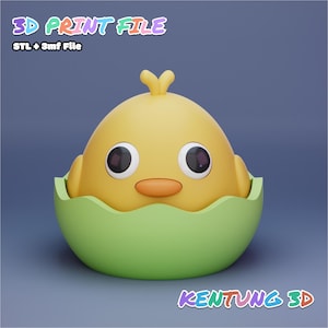 May include: A 3D-printed yellow chick in a green eggshell. The chick has large, dark eyes and an orange beak. The image includes the text "3D PRINT FILE" and "STL + 3mf File". The bottom right corner has the text "KENTUNG 3D".