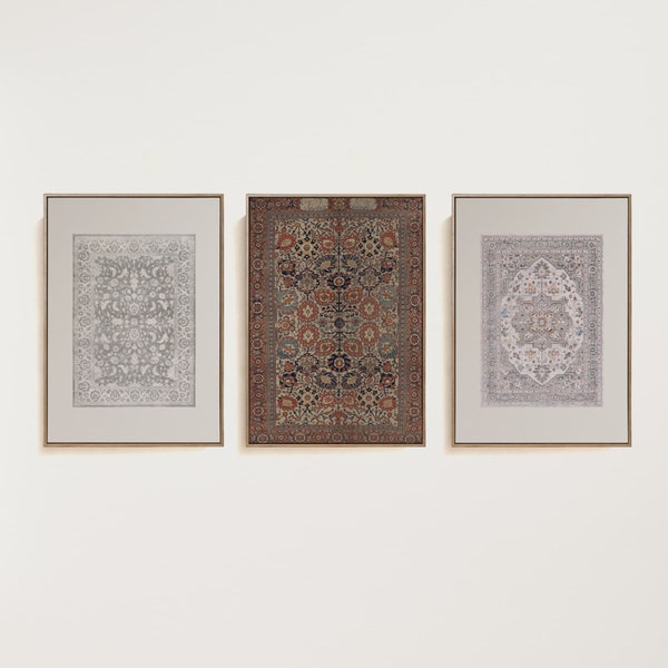 Ensemble de 3 imprimés textiles vintage | Art mural de tapis en tissu imprimable | Modèles de triptyque afghans | Affiche numérique | Oeuvre tissée à la main