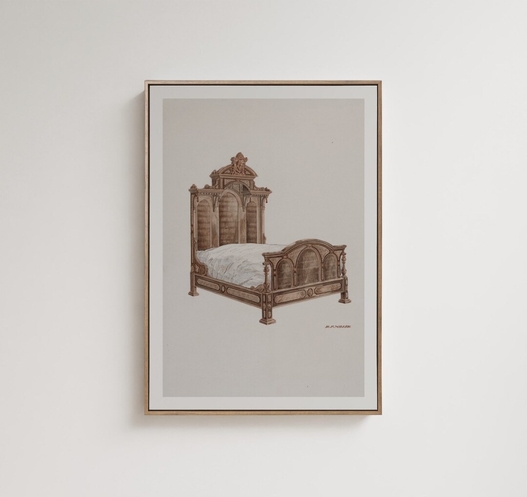 Antique Bed Design Poster Vintage Bedroom Wall Art King Size Bed Decor