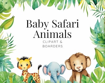 Baby Safari Animals Clipart, Baby Shower Clipart and Boarders, Watercolor Jungle boarders, PNG, Baby Animals Clipart, Commercial use clipart