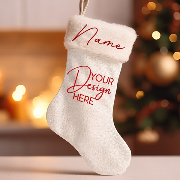 Christmas Stockings Mockup, Drawstring Burlap Stocking Bag, Dye sublimation Christmas stocking, Blank Hanging Stockings on Fireplace Mockup