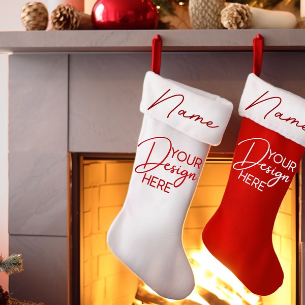 Christmas Stockings Mockup, Drawstring Burlap Stocking Bag, Dye sublimation Christmas stocking, Blank Hanging Stockings on Fireplace Mockup