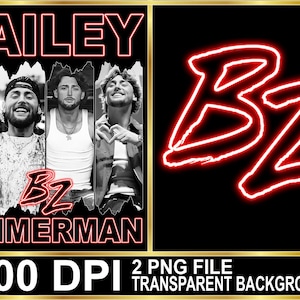 May include: A black and gold graphic design featuring the name "BAILEY ZIMMERMAN" in red neon lettering. The design includes a collage of four black and white photos of a man and the initials "BZ" in red neon.
