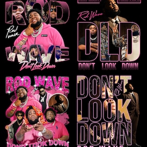 May include: A graphic design featuring four distinct panels showcasing Rod Wave. The imagery includes multiple portraits of the artist, pink and black color schemes, and bold text reading Rod Wave and Don't Look Down, along with Tour 2026.
