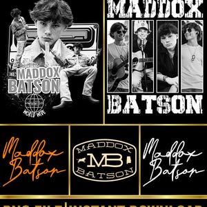 May include: Black and white graphic design featuring the name "MADDOX BATSON" in various styles. The design includes images of a young man, a world map, and the text "WORLD WIDE". Additional text includes "PNG FILE | INSTANT DOWNLOAD".