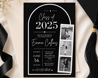 Modern Arch Photo Strip Graduation Invitation, Class of 2025 (Canva Template)