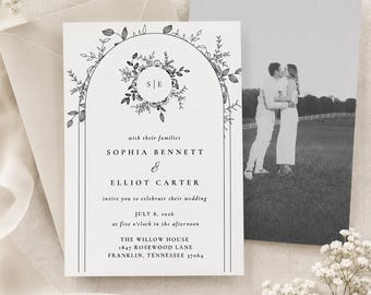 Editable Wedding Invitation Template, Black Floral Arch, Minimalist Design (Digital Download)