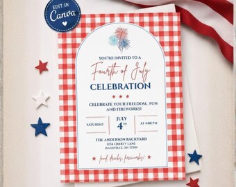 Editable Fourth of July Invitation, Red Gingham BBQ Party Invite (Digital Download)