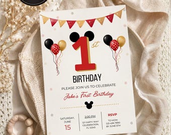 Mouse Inspired 1st Birthday Invitation, Red Black Gold Party Invite (Canva Template)