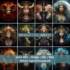 Celestial Zodiac Goddess Art-bundel: 12 digitale afbeeldingen voor wanddecoratie, doe-het-zelfprojecten en telefoonachtergronden