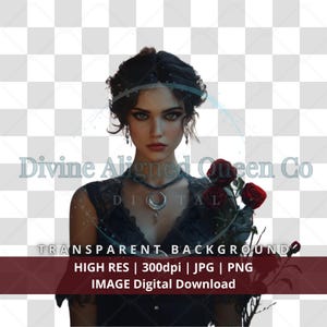 May include: A woman with dark hair and dark eyes wears a black lace dress and a silver necklace with a crescent moon pendant. She holds a bouquet of red roses. The background is a transparent checkered pattern.