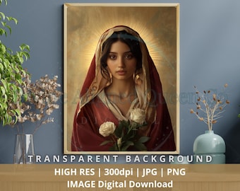May include: A digital painting of a woman with long dark hair wearing a red robe and holding a bouquet of white roses. The woman is surrounded by a golden halo.