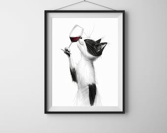 Tekening van een zwarte kat die van wijn houdt, afdrukbare wandkunst, minimalistisch, wijnliefhebber, dierenposter, decoratie van een zwarte kat, moderne kunst, esthetische decoratie