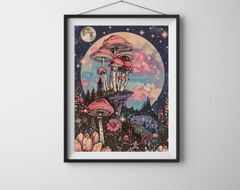 Fairy Mushroom Prints, Mushroom Poster, home Decor, Botanical Prints, Vintage poster, Mushroom Wall Art, Retro Art, colorful prints, trendy.