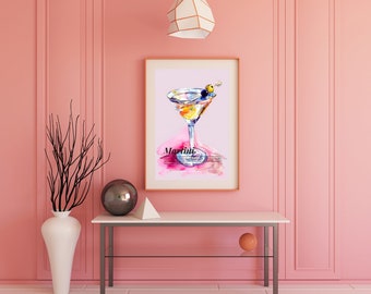 Martini Print, colorful Bar Cart Art Print, Digital Download, Cocktail Art Print, Shell Print, Martini Art Print, bar decoration, vintage