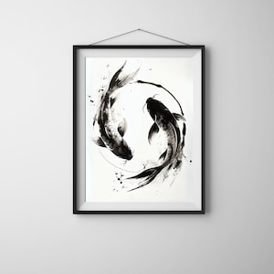 Yin Yang Koi Fish Japanese black and white Painting print wall art home decoration aesthetic art wall yoga decoration Digital Download trend