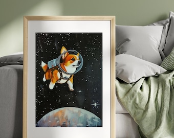 ピンクのコーギーアートプリント：ファンキーな犬のポスター、子供部屋