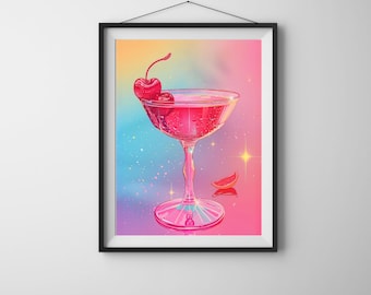 Martini pink Print, colorful Bar Cart Art Print, Digital art, Cocktail Art Print, Shell Print, Martini Art Print, bar decoration, vintage